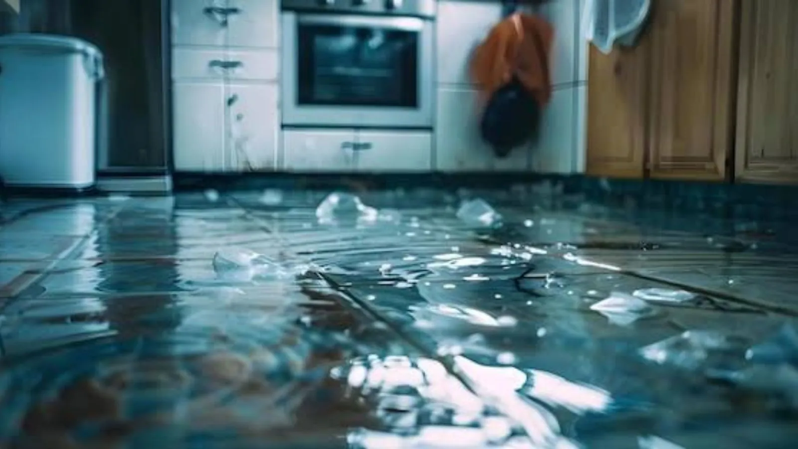 Water pooled on a kitchen floor in front of the stove and refrigerator