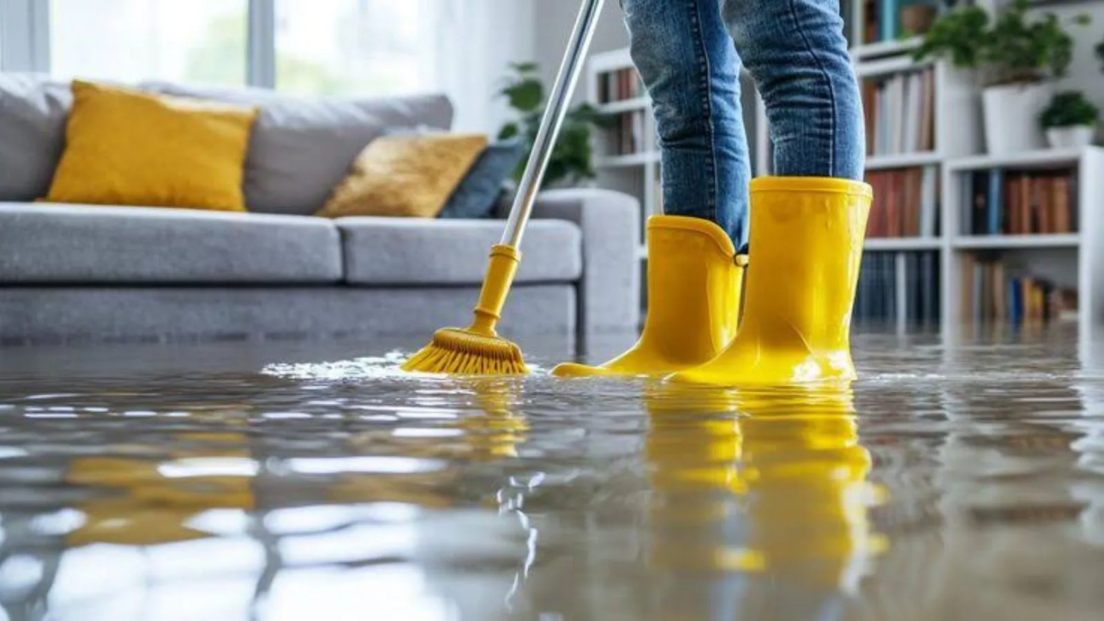 Person in boots sweeping water across a living room floor