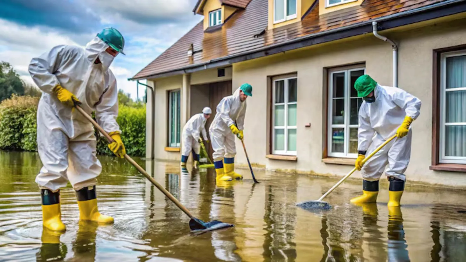 Crew in protective suits and rubber boots clearing floodwater outside a house