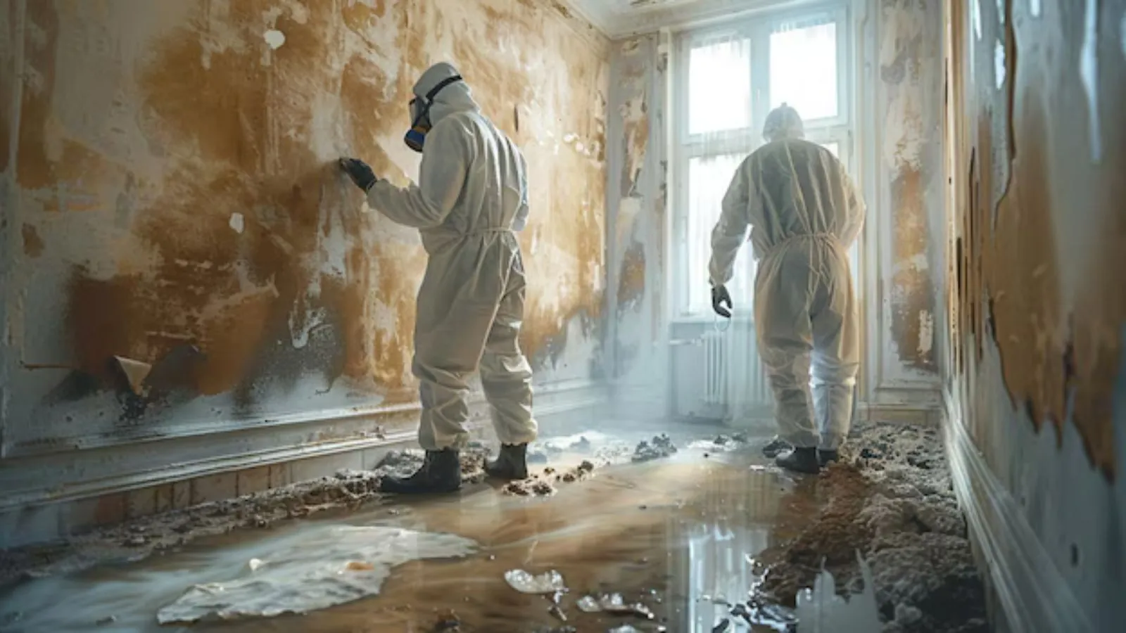 Workers in protective suits inspecting mold-stained walls in a room