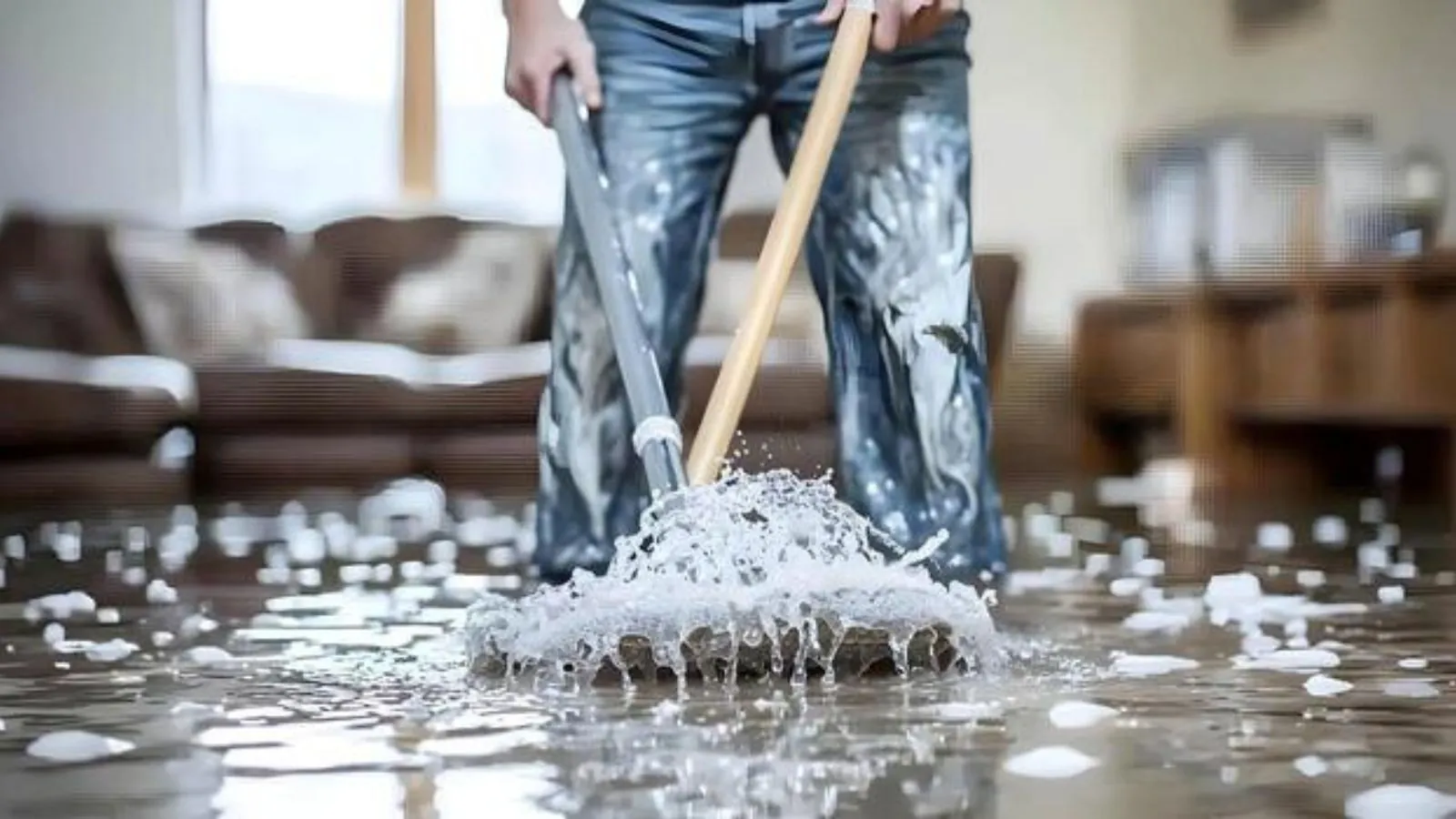 Person mopping a wet floor in a living room after water damage