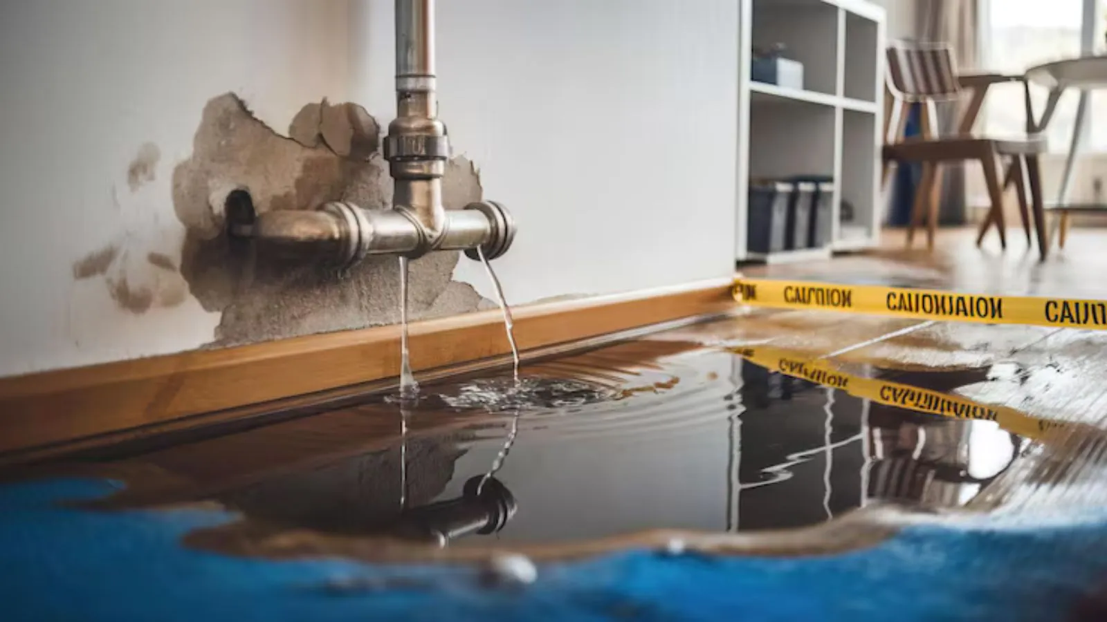 Leaking pipe at a wall with caution tape and water pooling on the floor